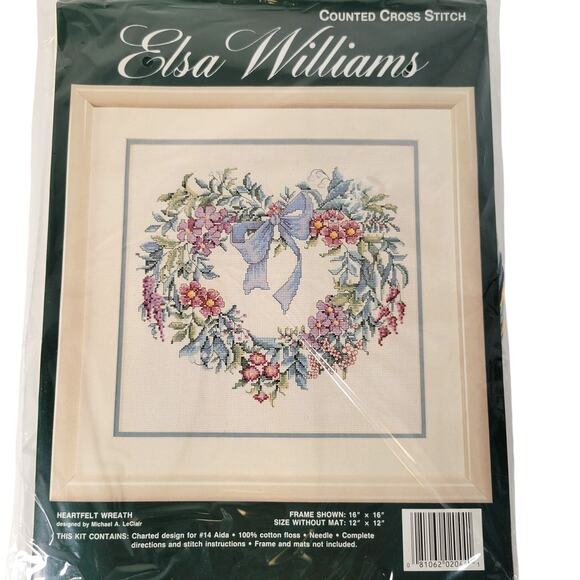 Elsa Williams Heartfelt Wreath Counted Cross-Stitch Kit Floss Needle Instruction - Picture 1 of 16
